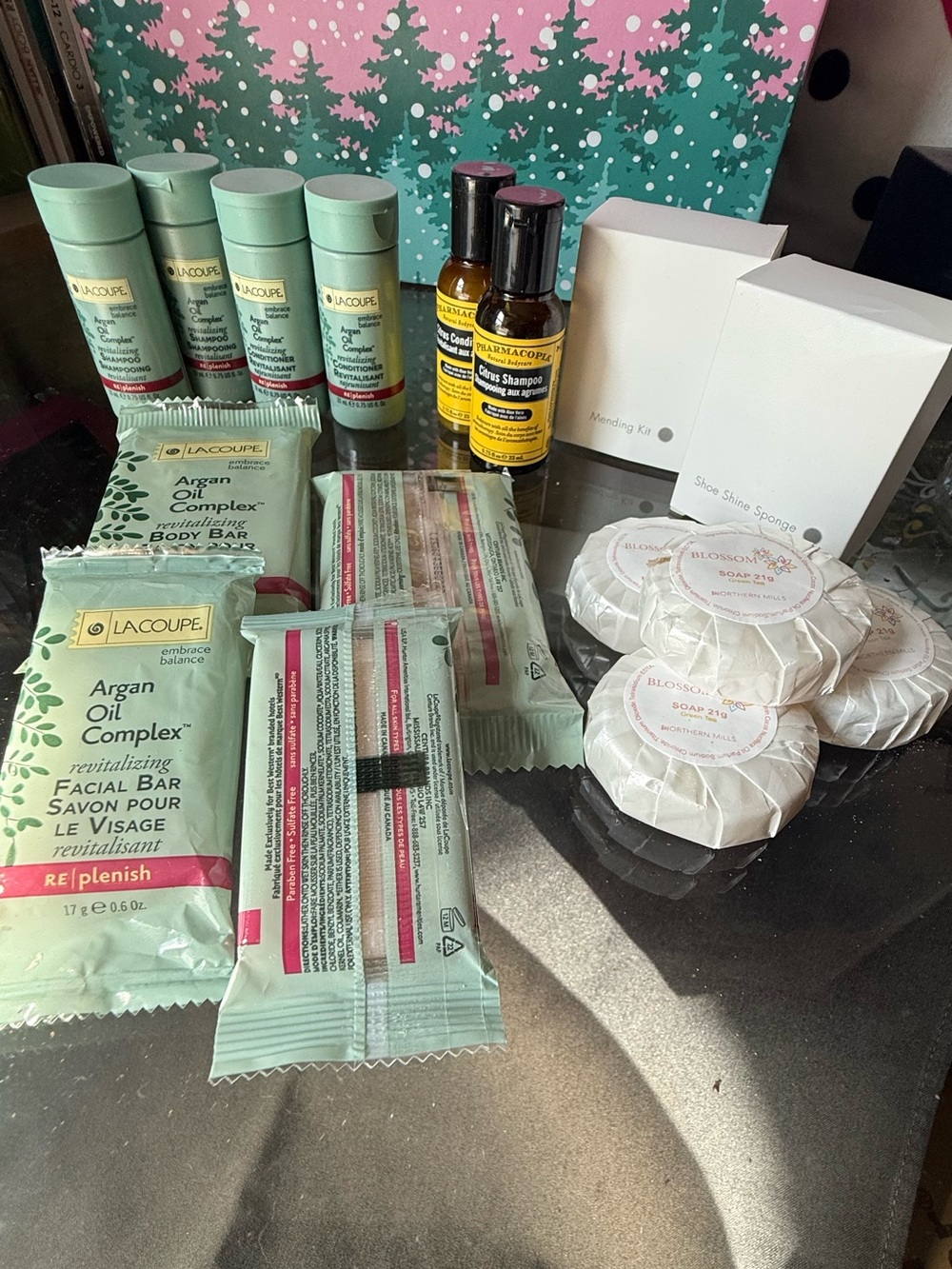 Body Facial Bars and Travel Toiletries, shampoo/cond shoe sponge, mending kit